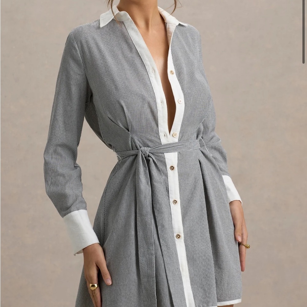 Club L BEATRIZ Grey Linen Pinstripe Mini Shirt Dress Long Sleeves Belted Sz 2 - Picture 13 of 15
